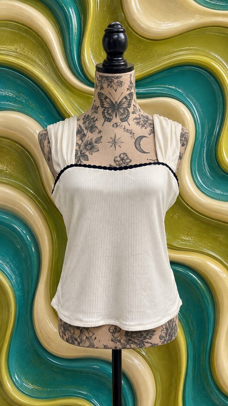 Francesca’s White Ribbed Square Neck Puff Sleeve Top Size L